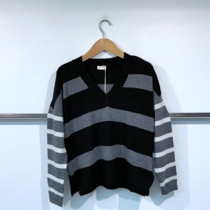 Liu Jo – Gestreifter Glattstrickpullover mit V-Ausschnitt